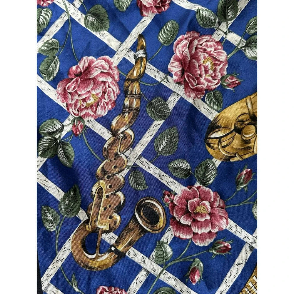 1980s Boston Museum of Fine Arts MFA Musical Instruments Floral Silk Scarf 34x34